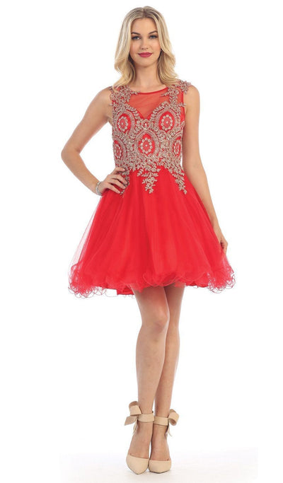 May Queen - Sleeveless Ornate Lace Illusion Cocktail Dress Special Occasion Dress 2 / Red
