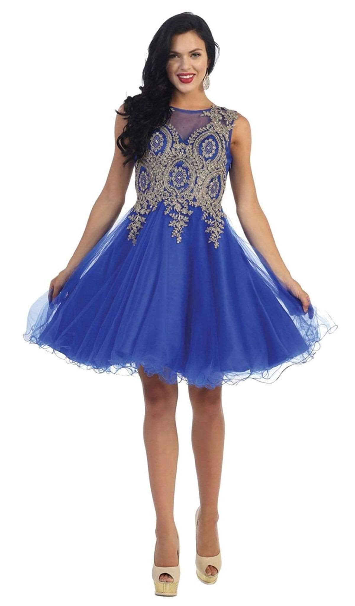 May Queen - Sleeveless Ornate Lace Illusion Cocktail Dress Special Occasion Dress 2 / Royal