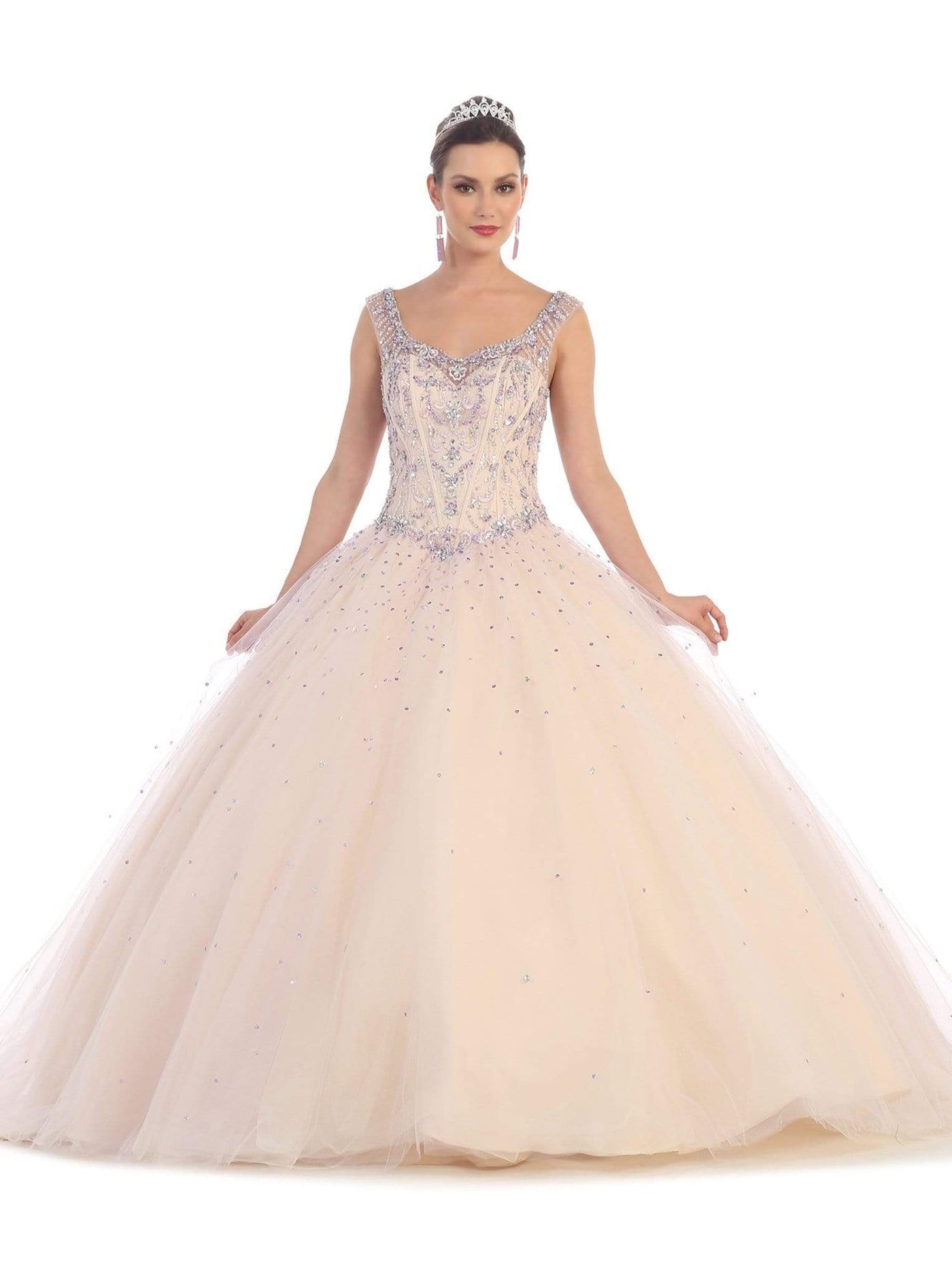 May Queen - Sleeveless Rhinestone Embellished Quinceanera Ballgown Special Occasion Dress 2 / Lilac/Beige