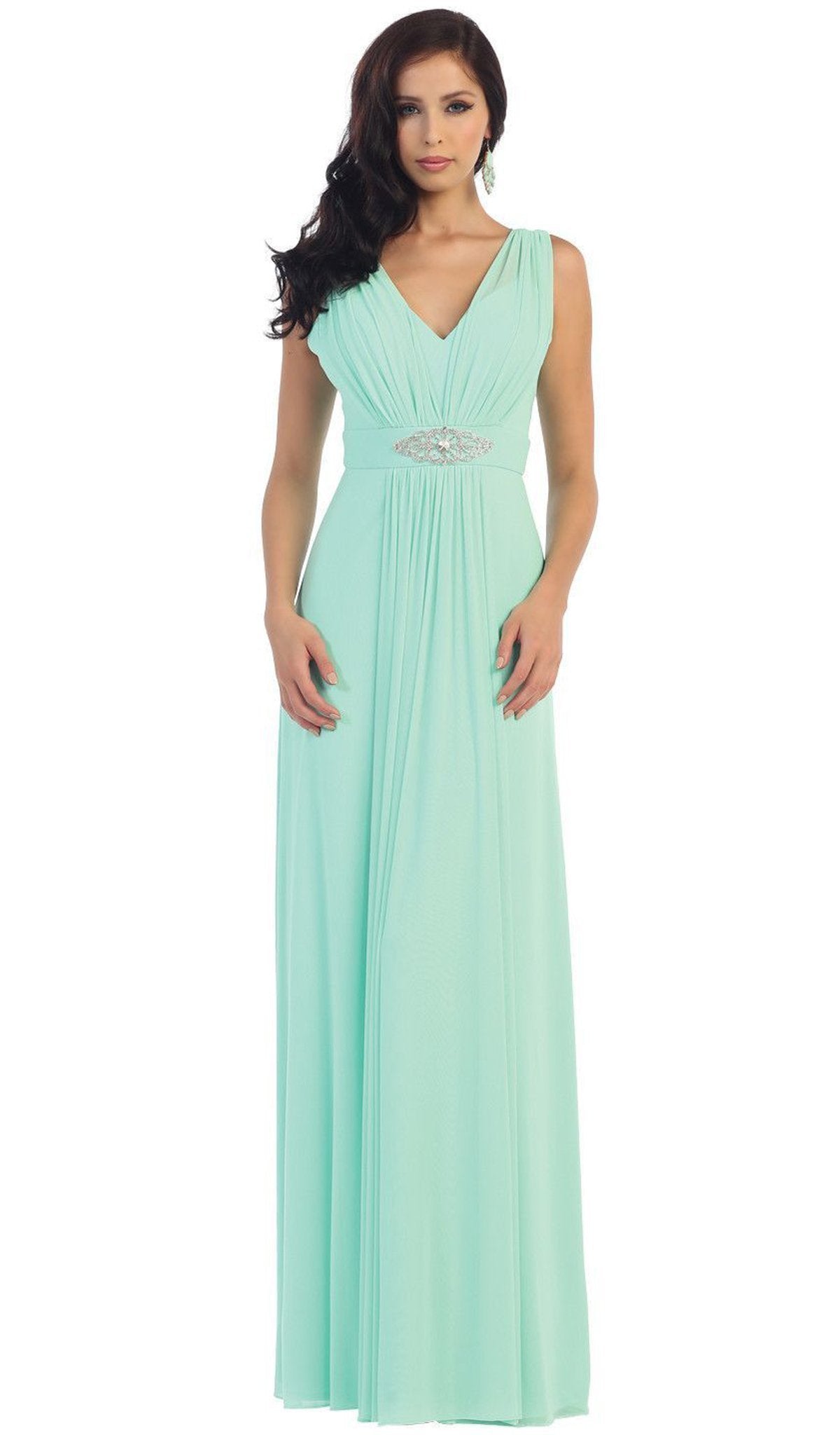 May Queen - Sleeveless Ruched Panel A-Line Long Bridesmaid Dress Special Occasion Dress 4 / Turquoise