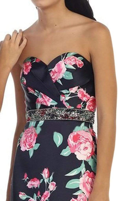 May Queen - Strapless Floral Print Evening Gown MQ1403 - 1 pc Navy/Pink In Size 6 Available CCSALE 6 / Navy/Pink