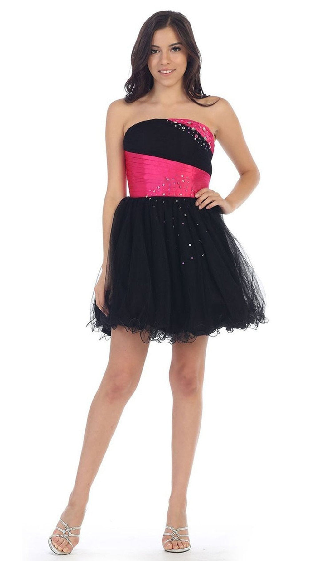 May Queen - Strapless Pleated Straight-Across Cocktail Dress Special Occasion Dress 2 / Blk/Fuchsia