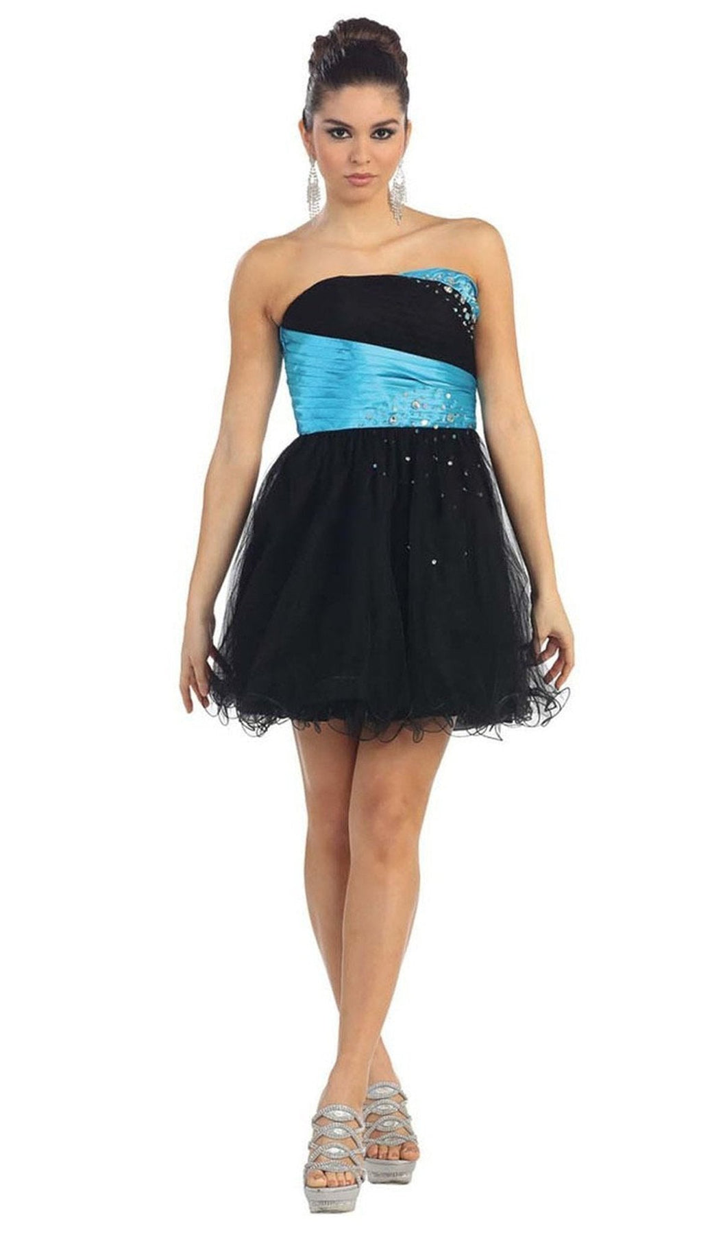 May Queen - Strapless Pleated Straight-Across Cocktail Dress Special Occasion Dress 2 / Blk/Turquoise