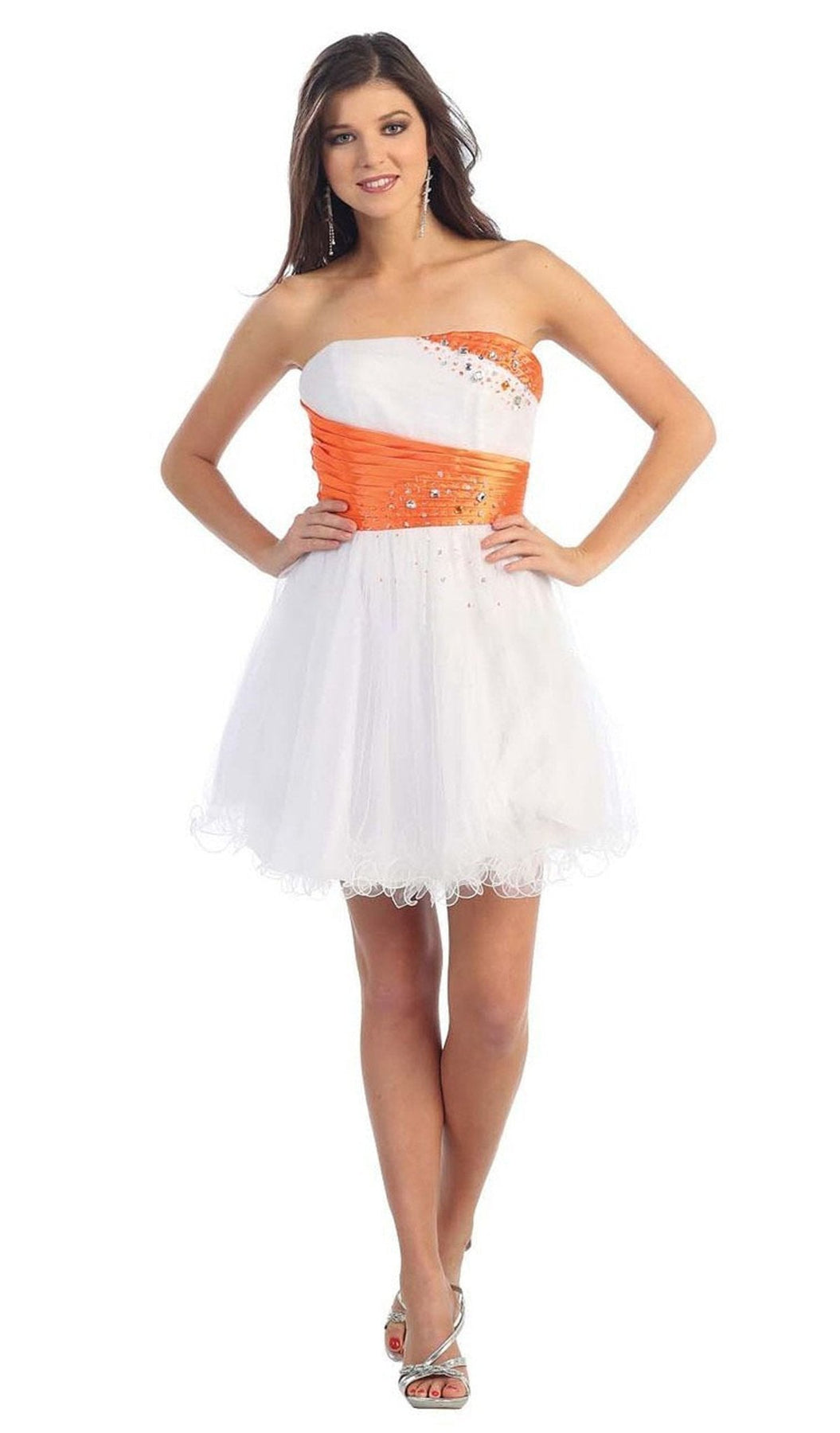 May Queen - Strapless Pleated Straight-Across Cocktail Dress Special Occasion Dress 2 / White/Orange