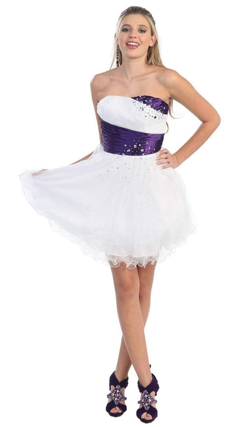 May Queen - Strapless Pleated Straight-Across Cocktail Dress Special Occasion Dress 2 / White/Purple