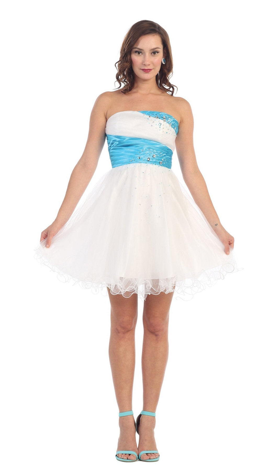 May Queen - Strapless Pleated Straight-Across Cocktail Dress Special Occasion Dress 2 / White/Turq