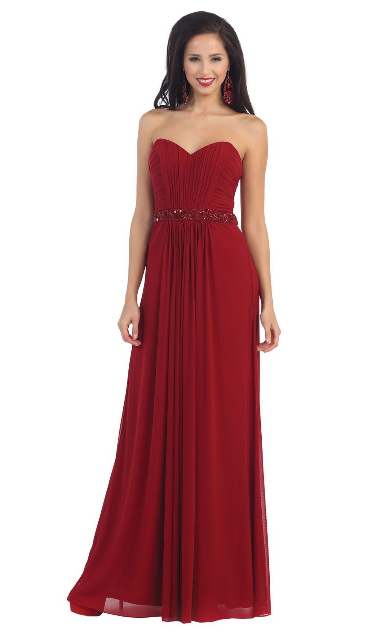 May Queen - Strapless Ruched Bodice Chiffon Long Prom Dress Special Occasion Dress 4 / Red