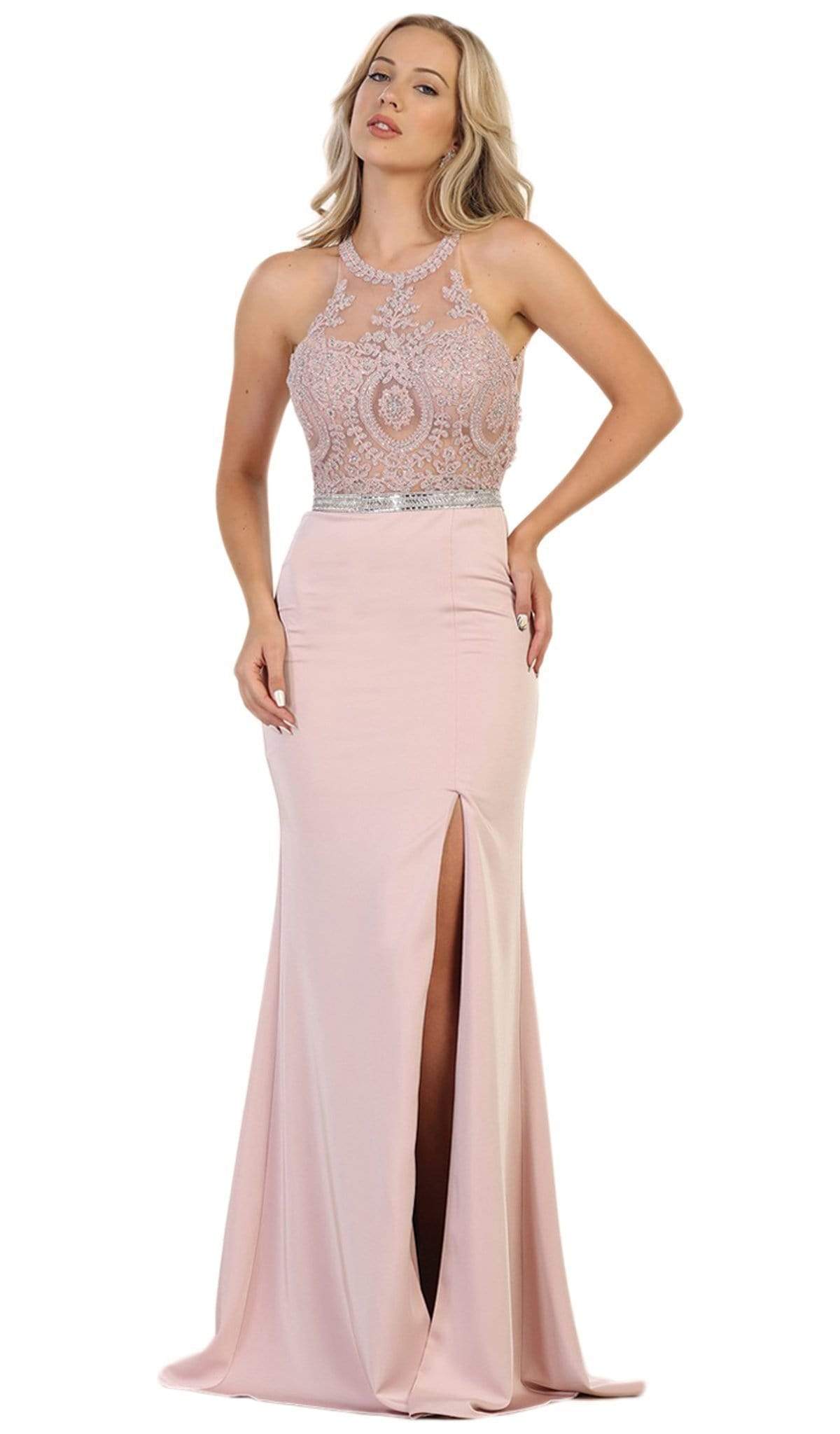 May Queen - Strappy Illusion Prom Dress with Slit Special Occasion Dress 2 / Blush
