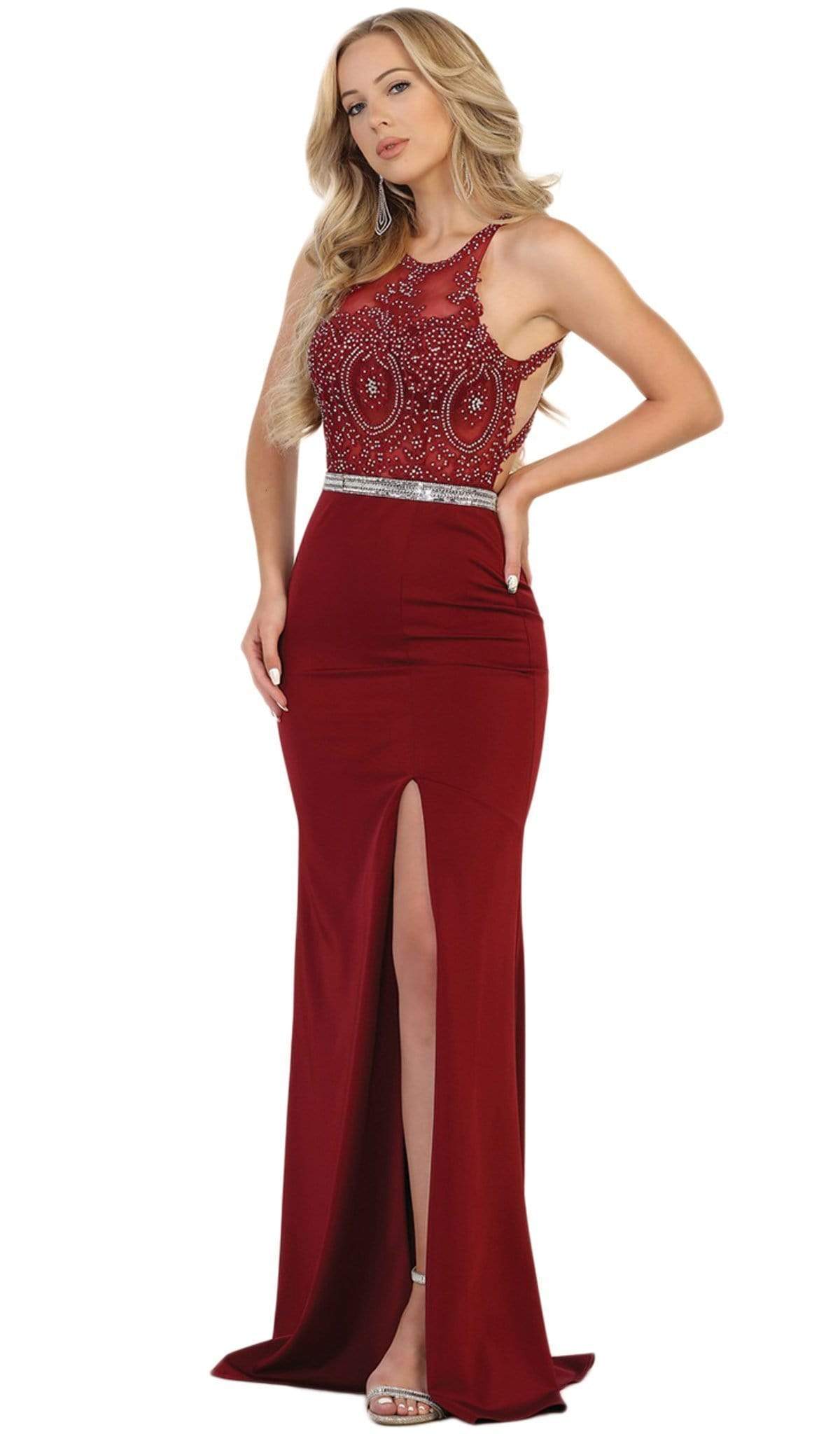 May Queen - Strappy Illusion Prom Dress with Slit Special Occasion Dress 2 / Burgundy