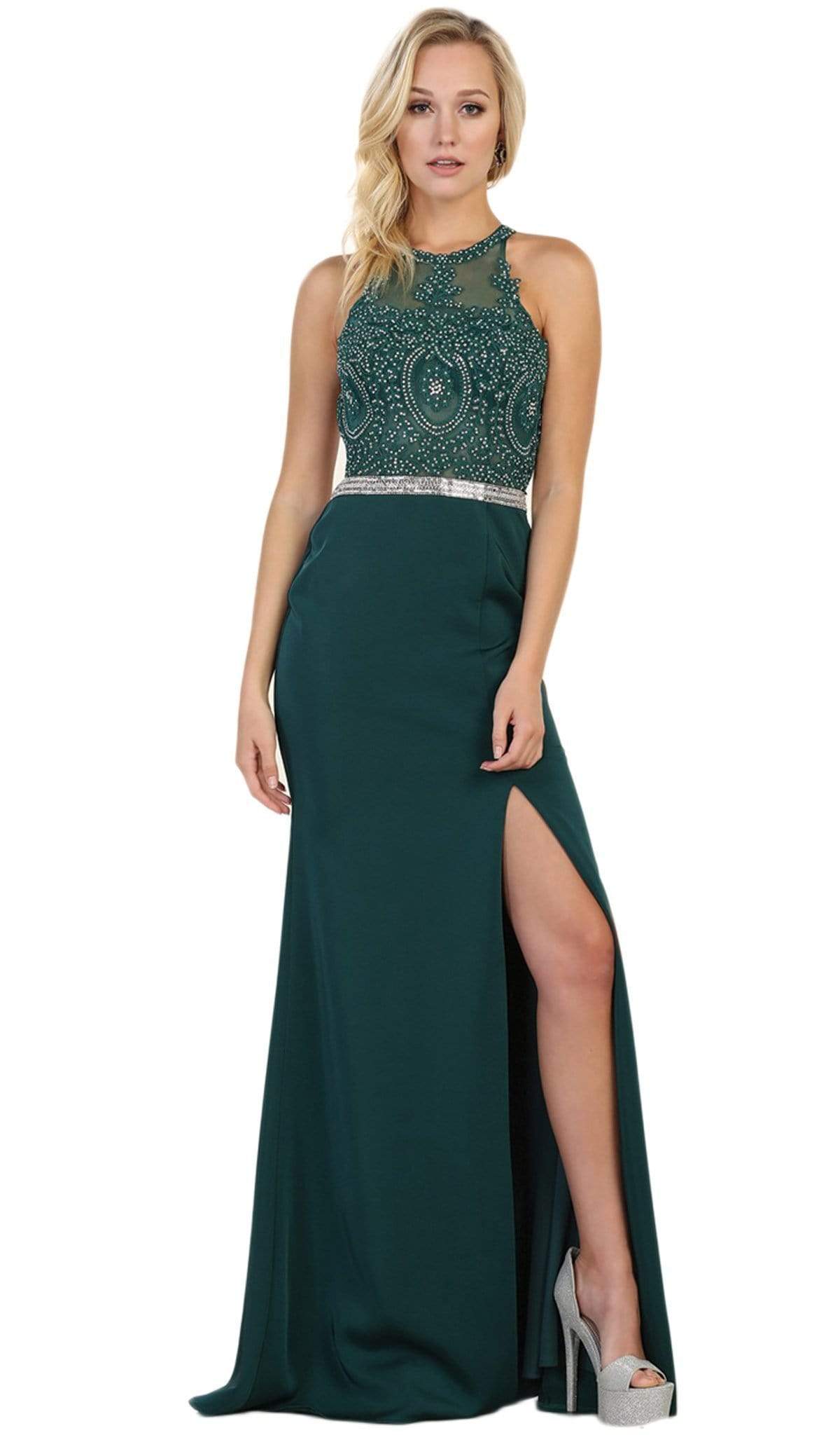 May Queen - Strappy Illusion Prom Dress with Slit Special Occasion Dress 2 / Hunter-Green