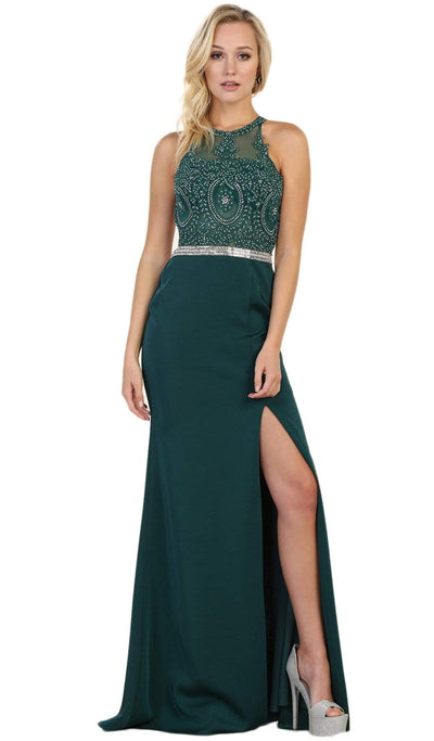 May Queen - Strappy Illusion Prom Dress with Slit Special Occasion Dress 2 / Hunter-Green