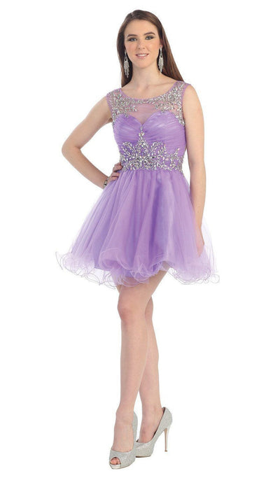 May Queen - Stunning Beaded Illusion Neck Cocktail Dress Special Occasion Dress 4 / Lilac