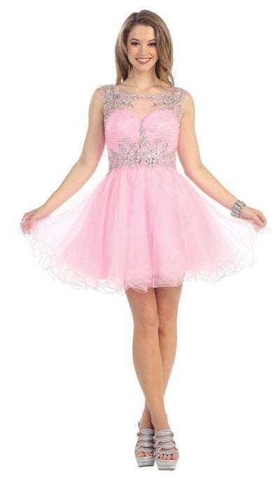 May Queen - Stunning Beaded Illusion Neck Cocktail Dress Special Occasion Dress 4 / Pink