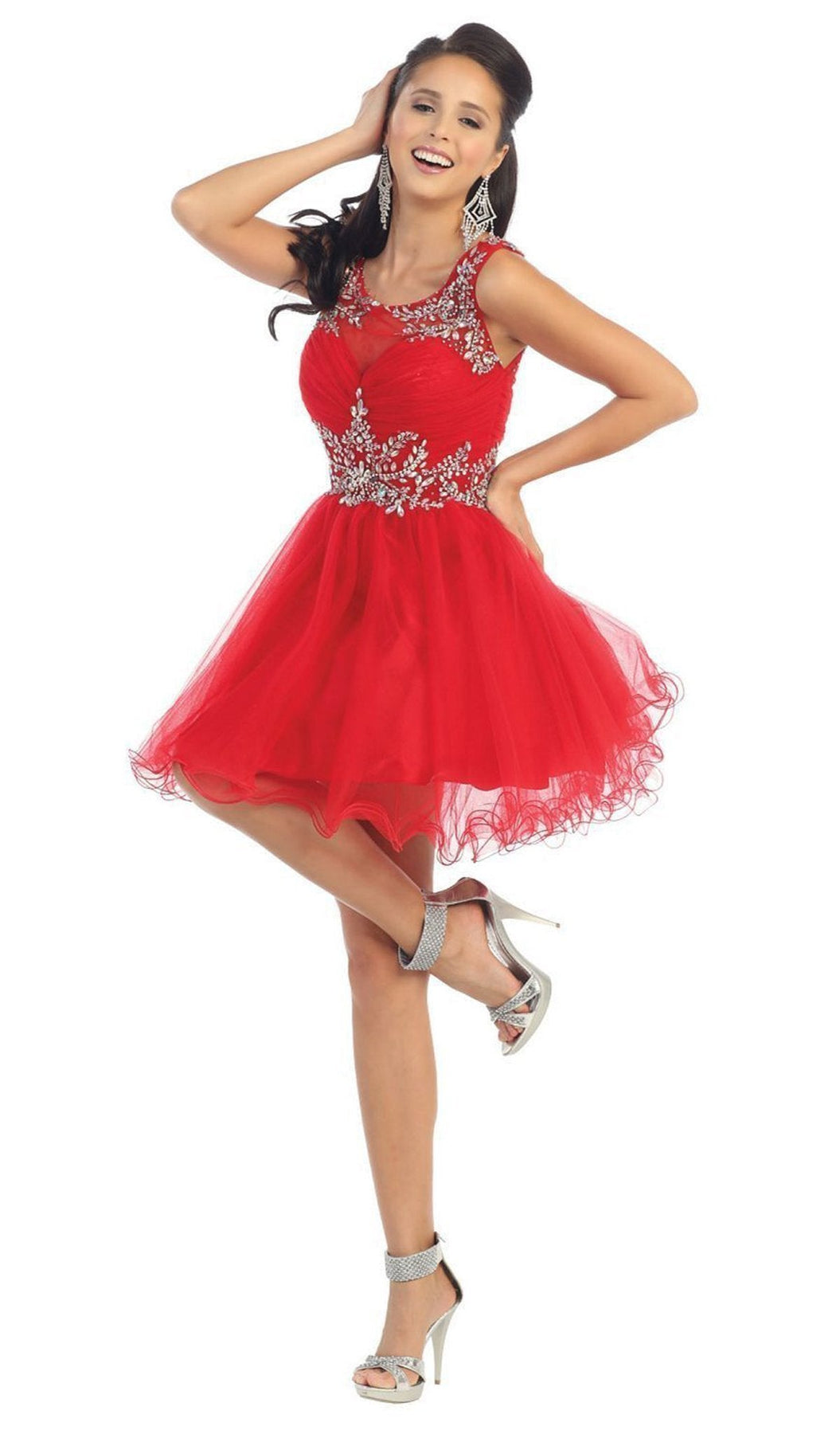 May Queen - Stunning Beaded Illusion Neck Cocktail Dress Special Occasion Dress 4 / Red