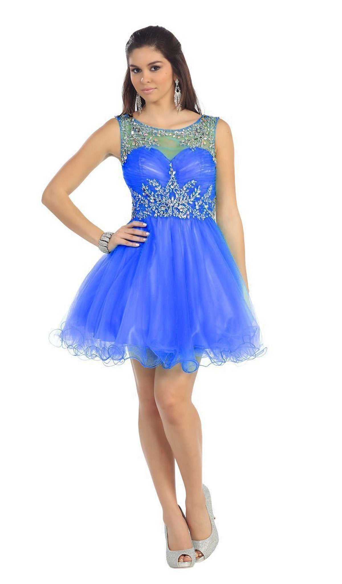 May Queen - Stunning Beaded Illusion Neck Cocktail Dress Special Occasion Dress 4 / Royal