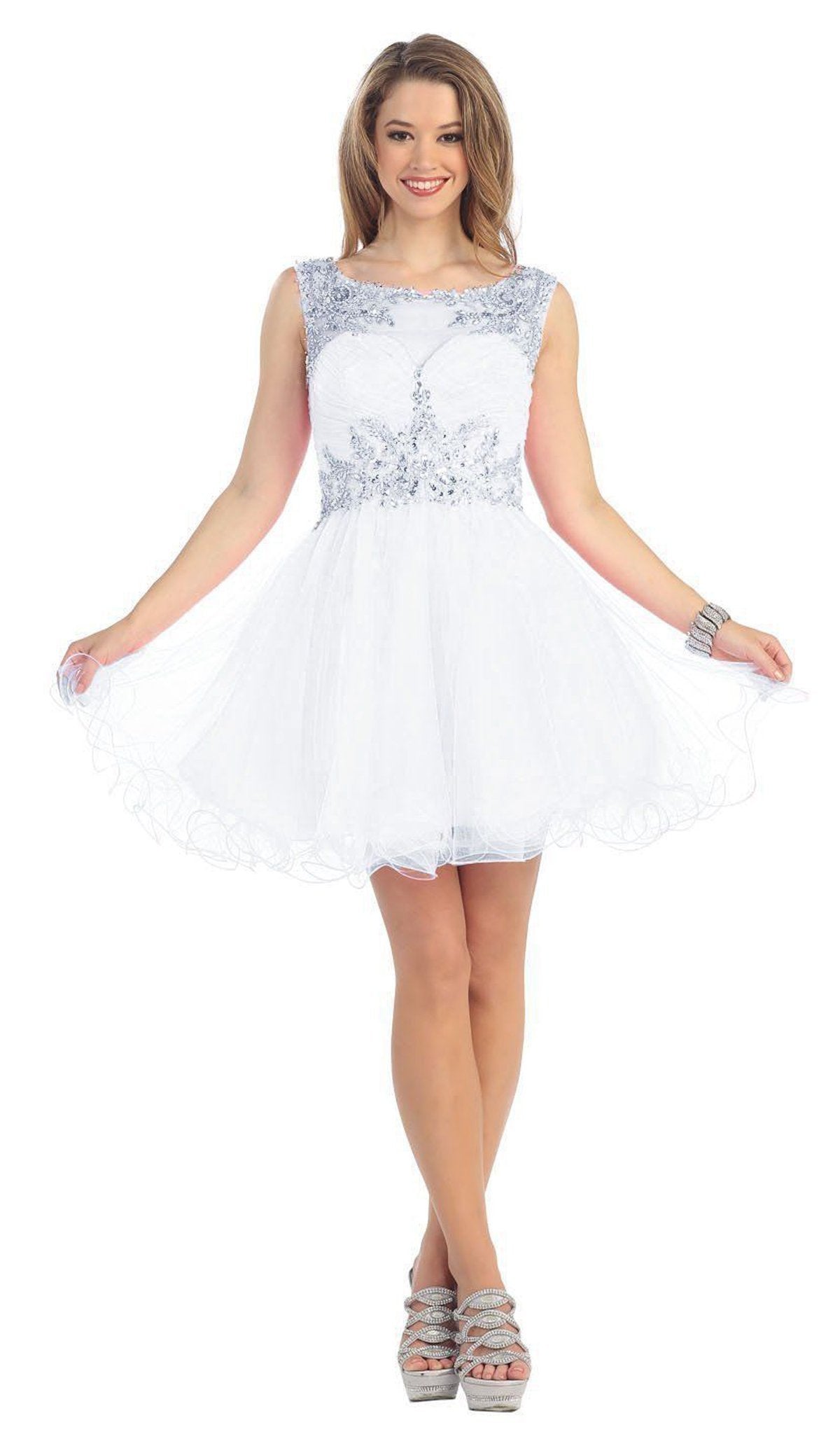 May Queen - Stunning Beaded Illusion Neck Cocktail Dress Special Occasion Dress 4 / White