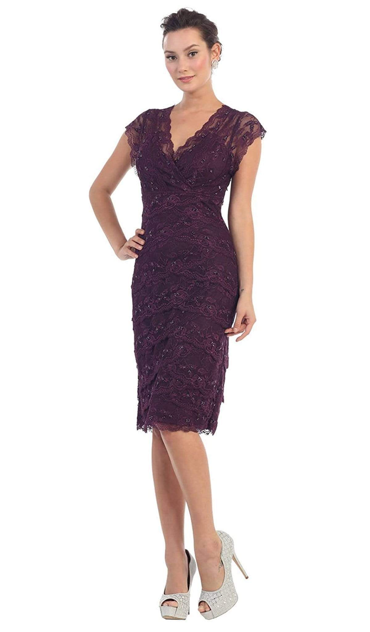 May Queen - Tiered Scallop Lace V-Neck Formal Dress MQ974 Cocktail Dresses M / Eggplant