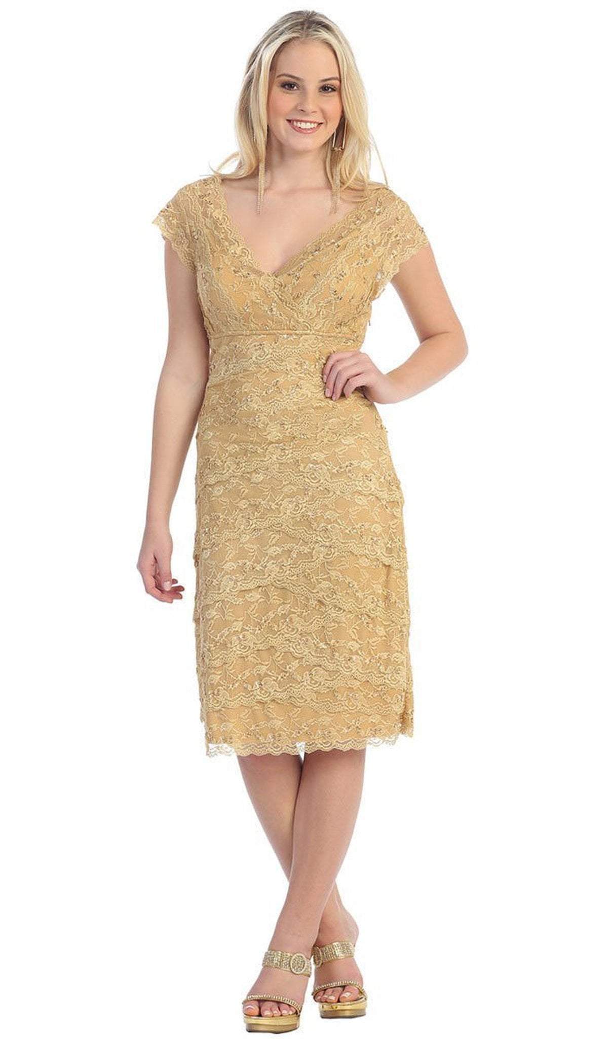 May Queen - Tiered Scallop Lace V-Neck Formal Dress MQ974 Cocktail Dresses M / Gold