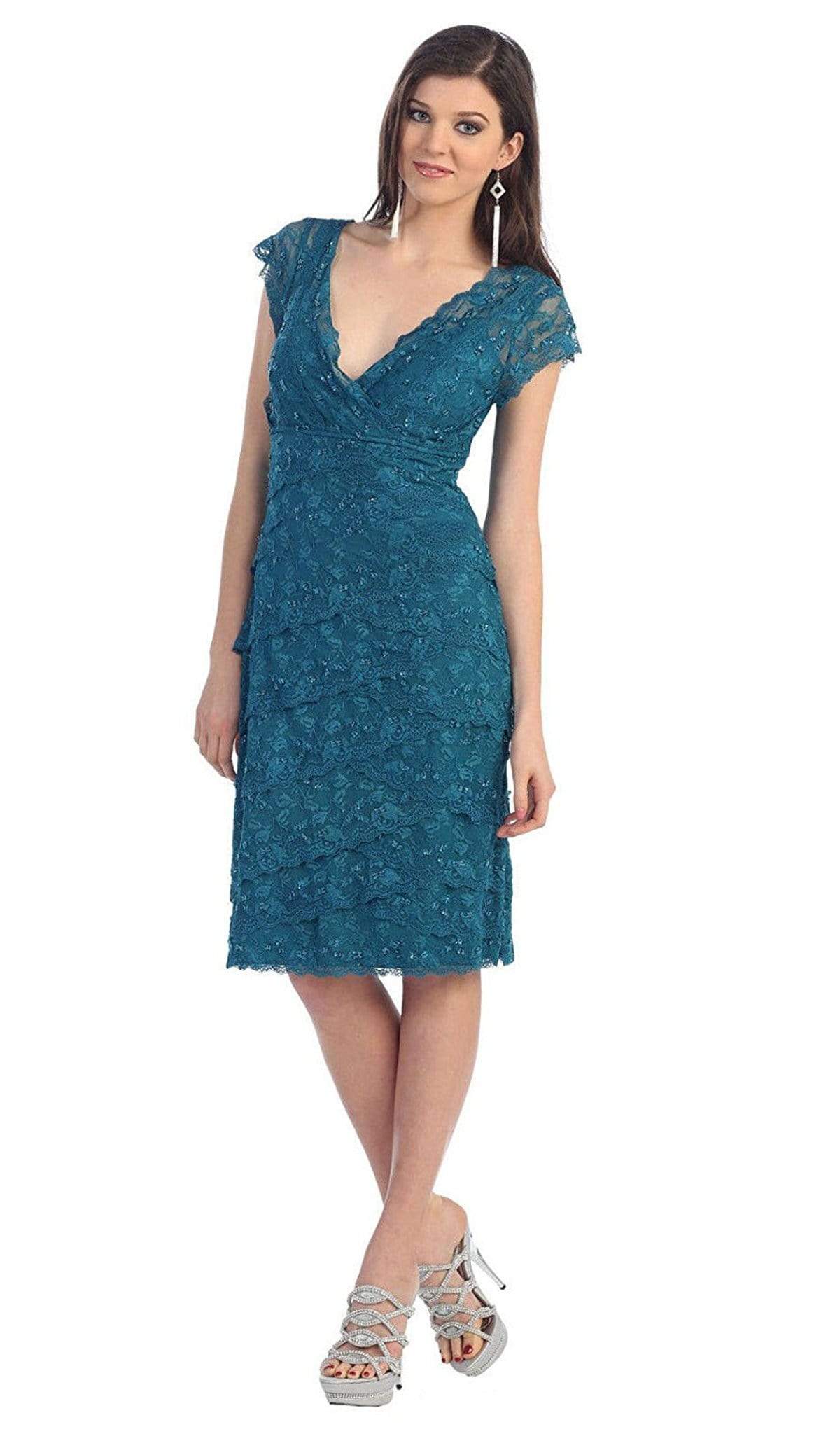 May Queen - Tiered Scallop Lace V-Neck Formal Dress MQ974 Cocktail Dresses M / Teal-Blue