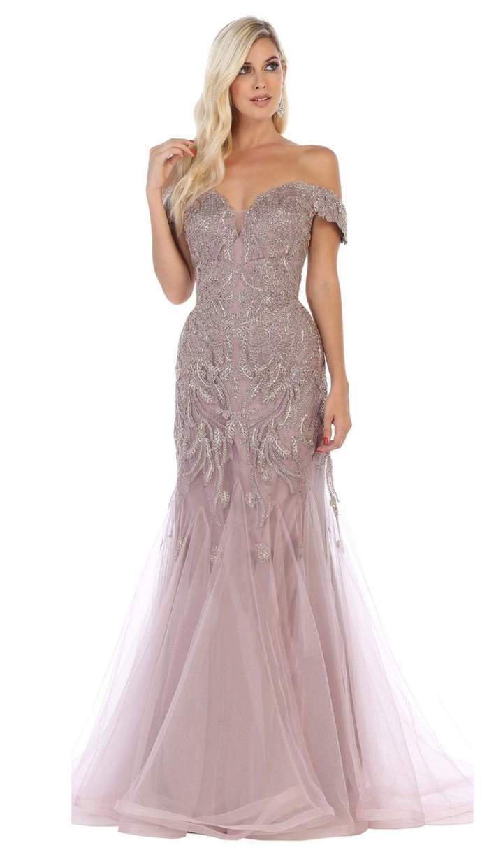 May Queen - Trailing Foliage Off Shoulder Trumpet Gown RQ7705 - 1 pc Mauve In Size 14 Available CCSALE 14 / Mauve