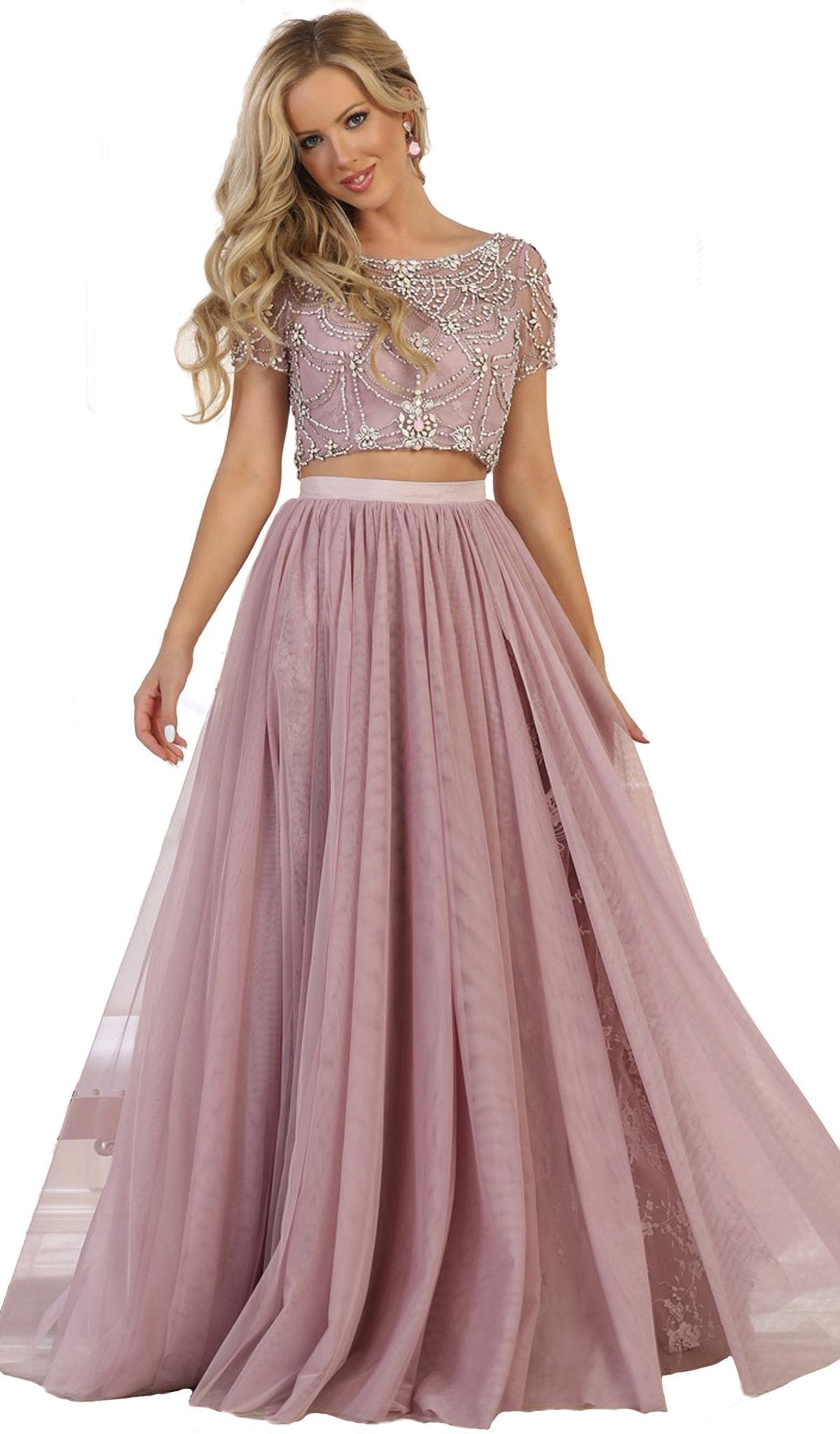 May Queen - Two Piece Bedazzled Bateau Evening Ballgown Special Occasion Dress 2 / Mauve