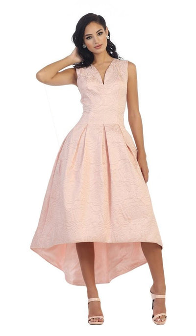 May Queen - V-Neck Jacquard High Low Cocktail Dress RQ7449 - 2 pcs Blush In Size 10 Available CCSALE 10 / Blush