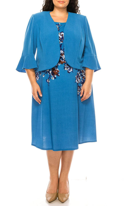 Maya Brooke 27635 - Trumpet Sleeve Two Piece Floral Dress Cocktail Dresses 14W / Denim Blue