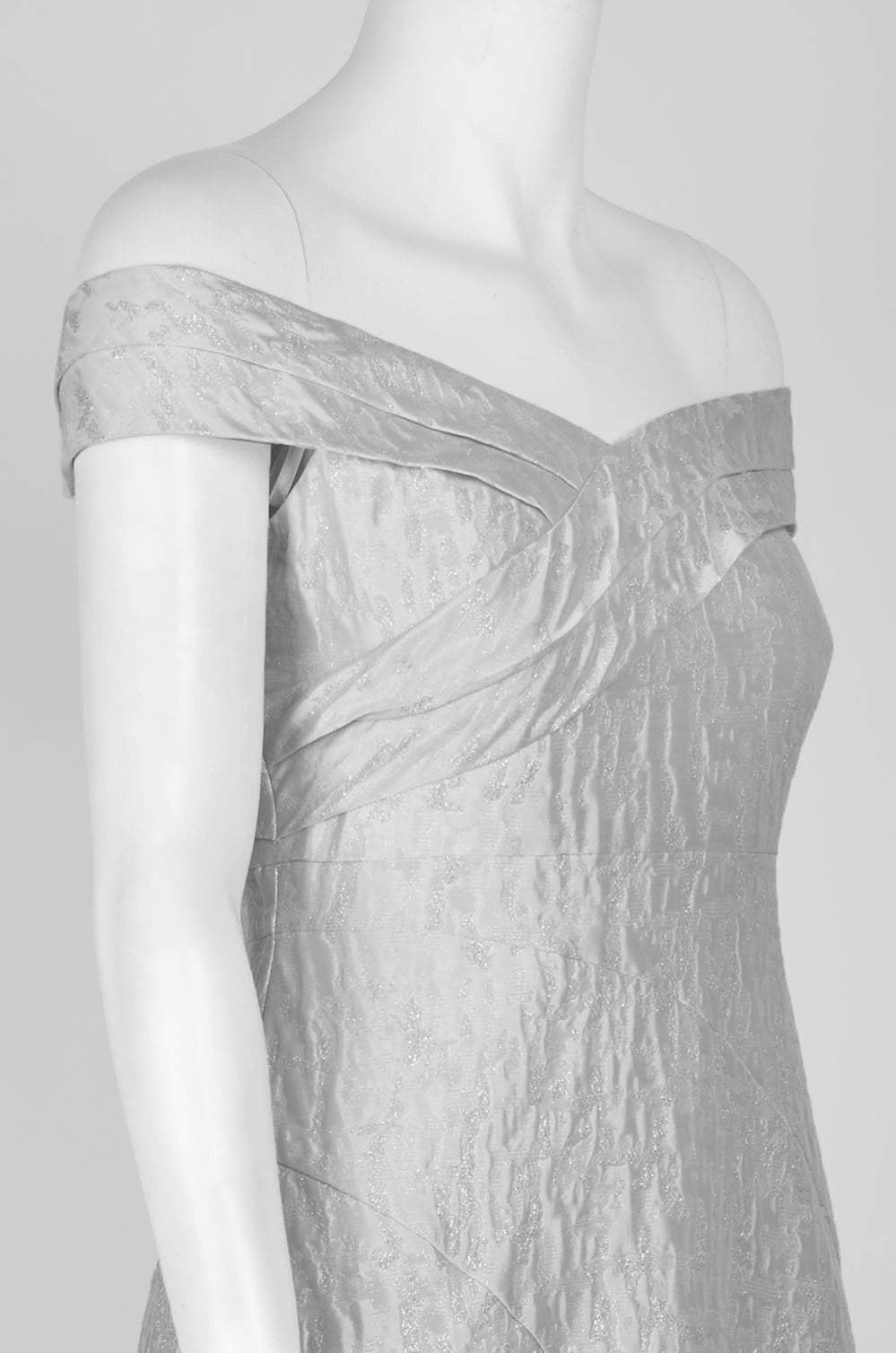 Aidan Mattox - MD1E201920 Pleated Off Shoulder Metallic Jacquard Gown in Silver
