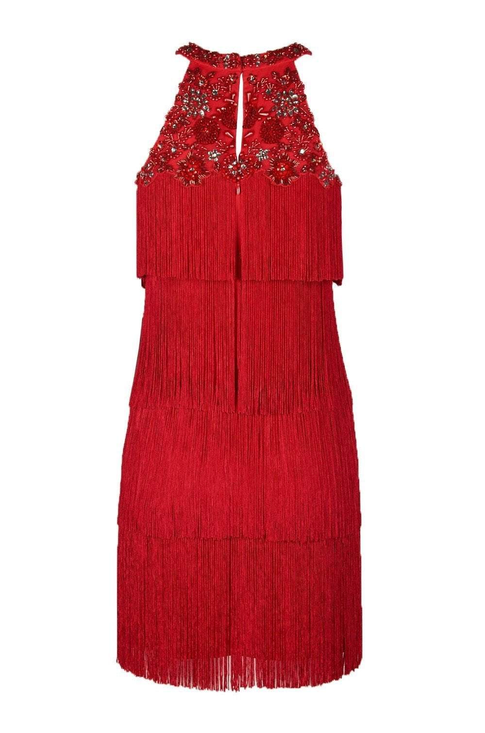 Aidan Mattox - MD1E202713 Embellished Halter Tiered Tassel Dress In Red
