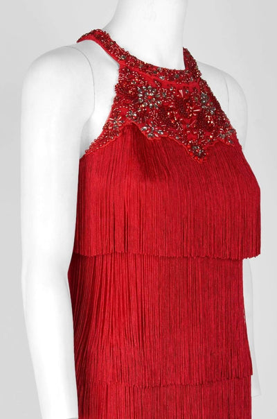 Aidan Mattox - MD1E202713 Embellished Halter Tiered Tassel Dress In Red