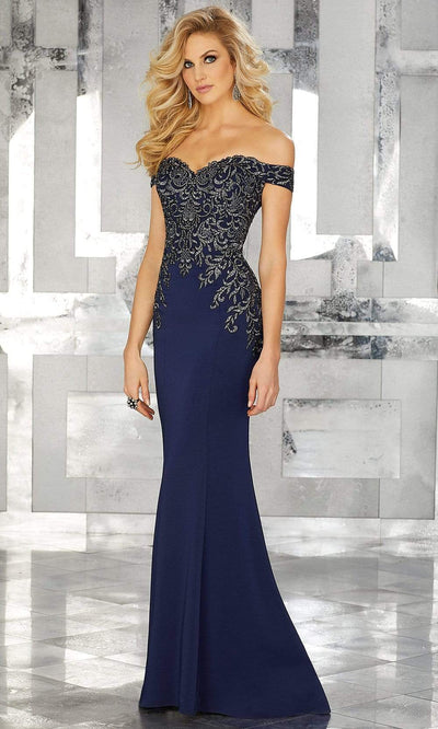 MGNY By Mori Lee - 71616SC Sweetehart Off Shoulder Evening Gown In Blue and Black