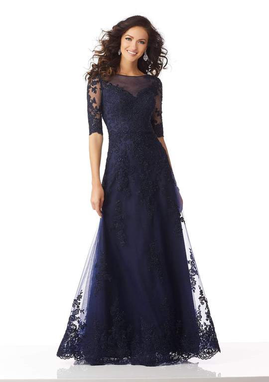 MGNY By Mori Lee - 71818SC Quarter Sleeve Bead Accented Evening Dress In Blue and Black