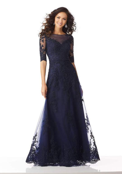 MGNY By Mori Lee - 71818SC Quarter Sleeve Bead Accented Evening Dress In Blue and Black