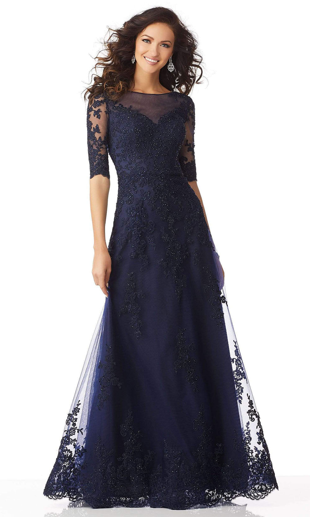 MGNY By Mori Lee - 71818SC Quarter Sleeve Bead Accented Evening Dress In Blue and Black