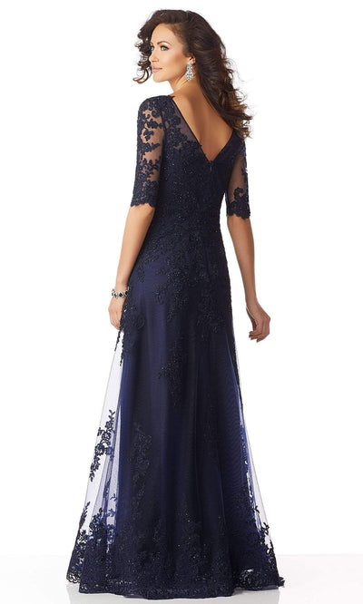 MGNY By Mori Lee - 71818SC Quarter Sleeve Bead Accented Evening Dress In Blue and Black