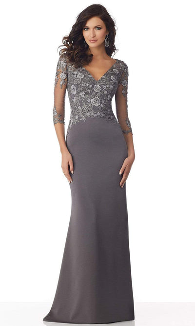 MGNY By Mori Lee - 71819SC Floral Lace V Neck Evening Formal Dress In Gray