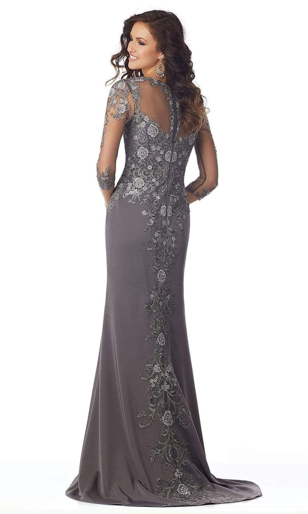 MGNY By Mori Lee - 71819SC Floral Lace V Neck Evening Formal Dress In Gray