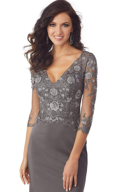 MGNY By Mori Lee - 71819SC Floral Lace V Neck Evening Formal Dress In Gray