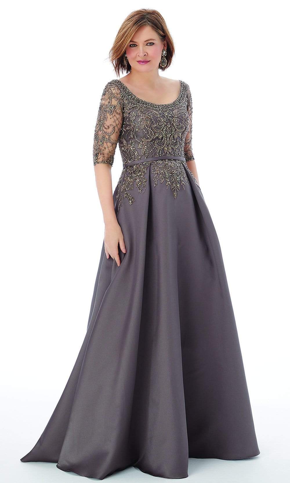 MGNY By Mori Lee - 72205SC Embroidered Elbow Sleeves A-Line Dress In Gray