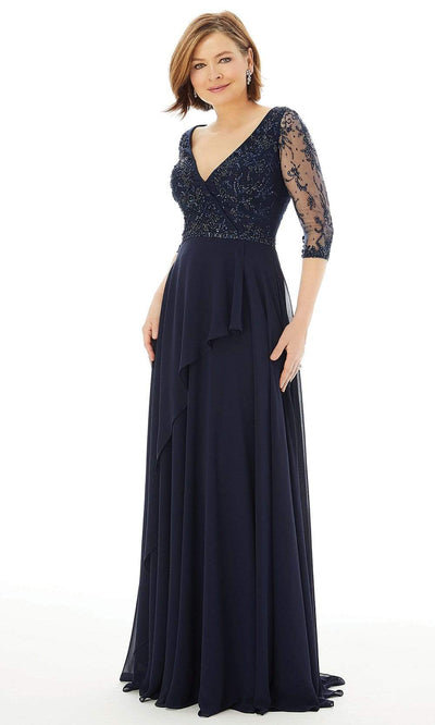 MGNY By Mori Lee - 72208 Surplice V Neck Beaded Chiffon A-Line Gown Evening Dresses 2 / Navy