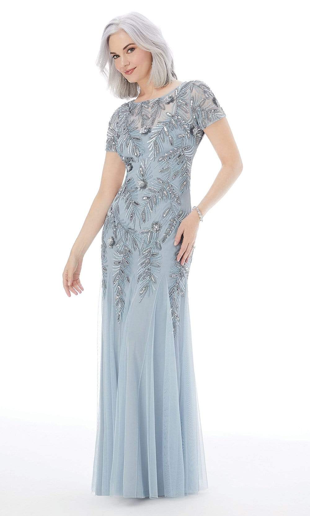 MGNY By Mori Lee - 72211 Sequin Ornate Mesh Column Godet Gown Mother of the Bride Dresses 2 / Light Blue