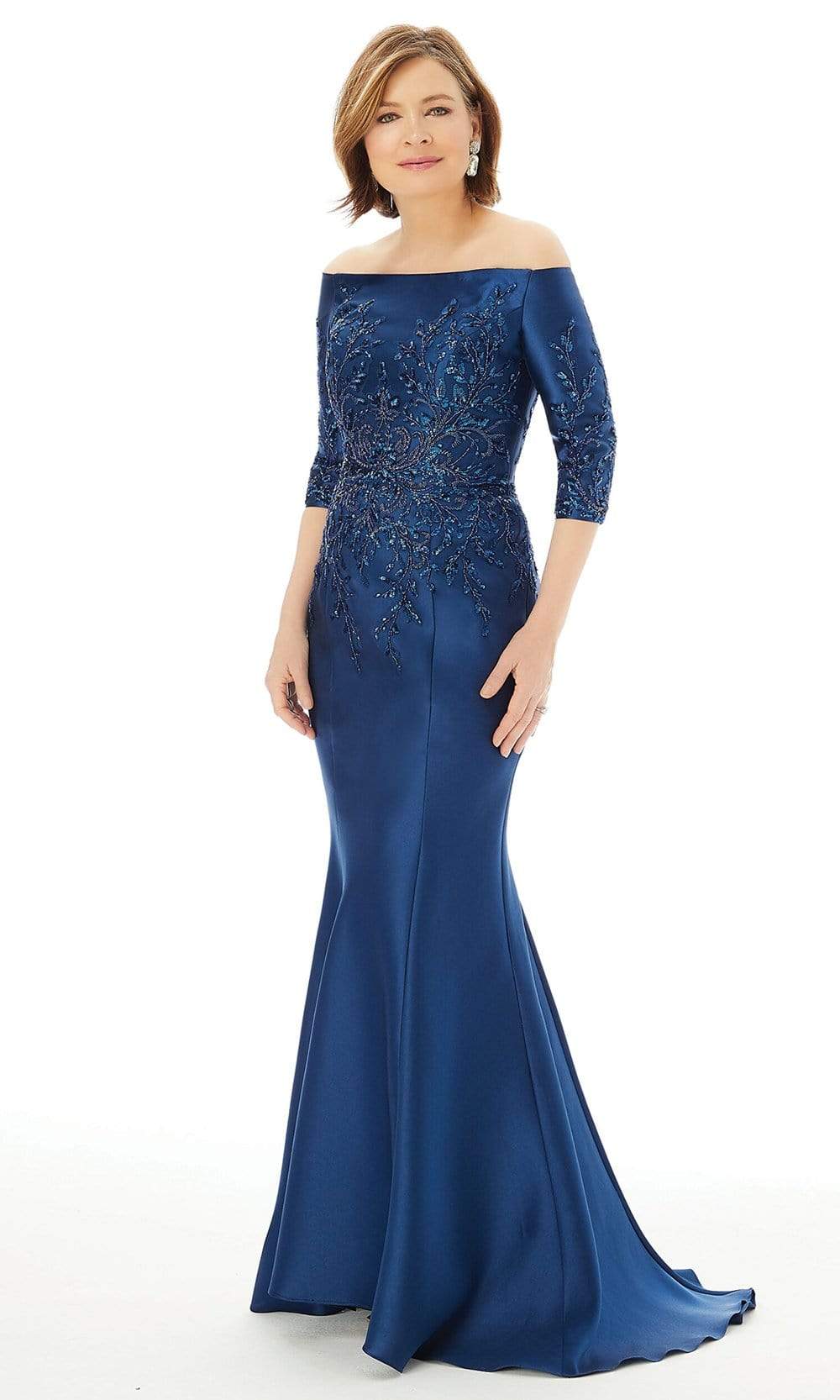 MGNY By Mori Lee - 72213 Beaded Embellished Bodice Satin Mermaid Gown Mother of the Bride Dresses 2 / Navy