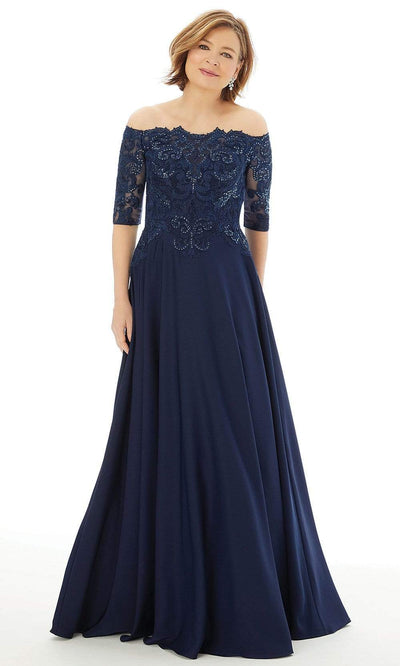MGNY By Mori Lee - 72220 Off Shoulder Embroidered Lace Crepe Gown Mother of the Bride Dresses 2 / Navy
