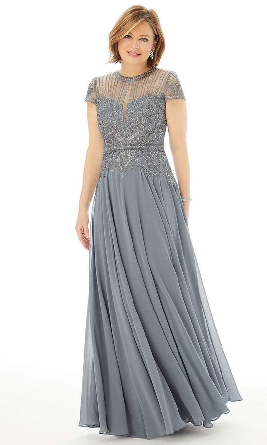 MGNY By Mori Lee - Embroidered Cap Sleeves Long Gown 72221SC In Gray
