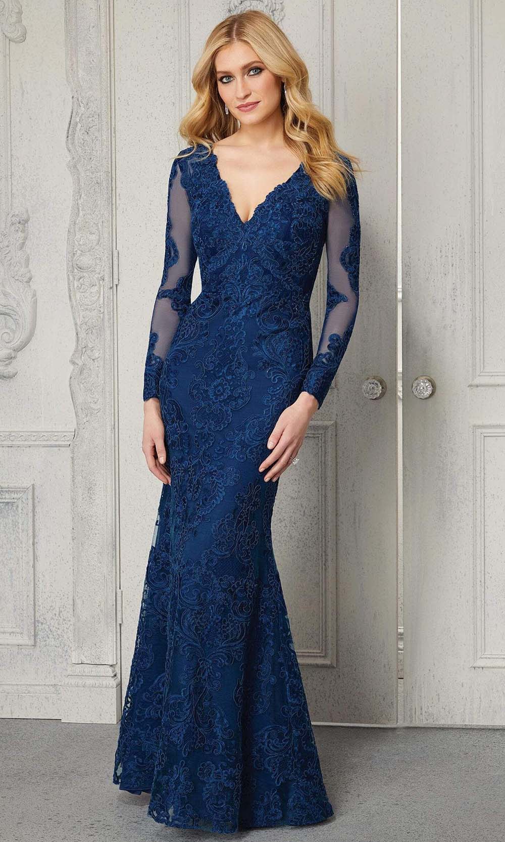 MGNY By Mori Lee - 72402 Embroidered V-Neck Sheath Dress Mother of the Bride Dresses 00 / Navy