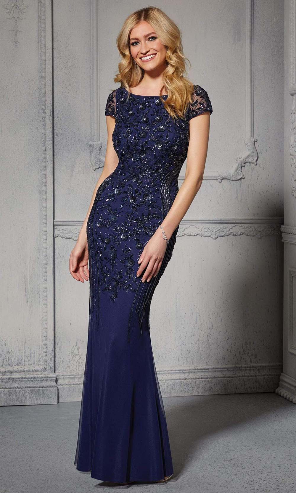 MGNY By Mori Lee - 72405 Floral Beaded Trumpet Full Dress Evening Dresses 00 / Navy