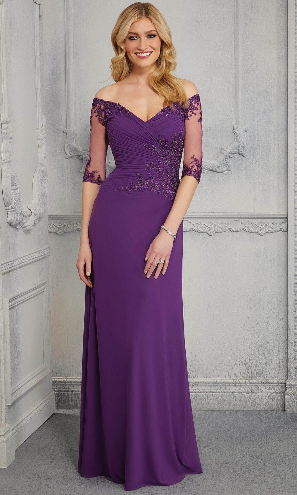 MGNY By Mori Lee - 72411 Wide Neck Soft Stretch Column Gown Evening Dresses 00 / Orchid