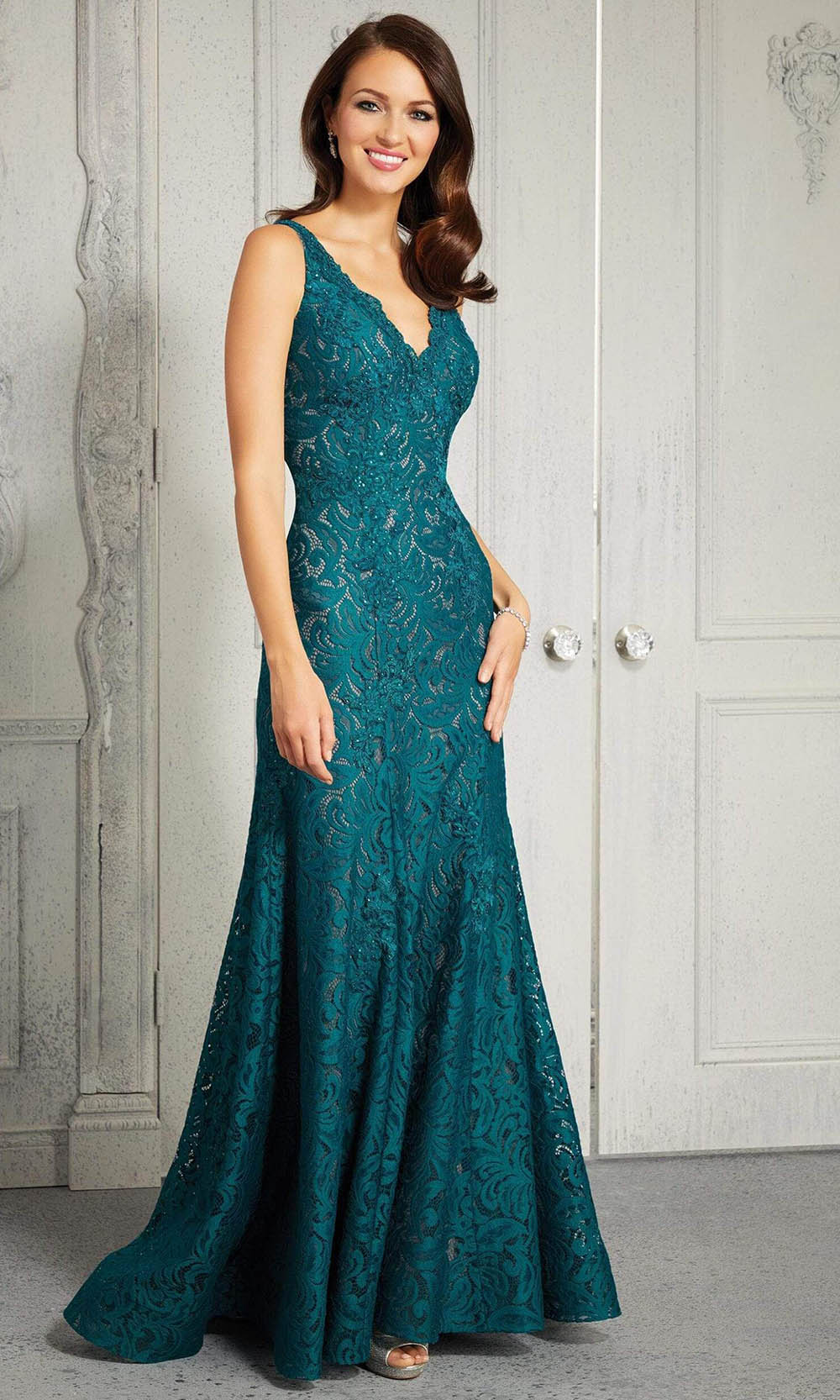 MGNY By Mori Lee - 72416 Embroidered Lace V Neck A-Line Gown Evening Dresses 00 / Teal/Fawn