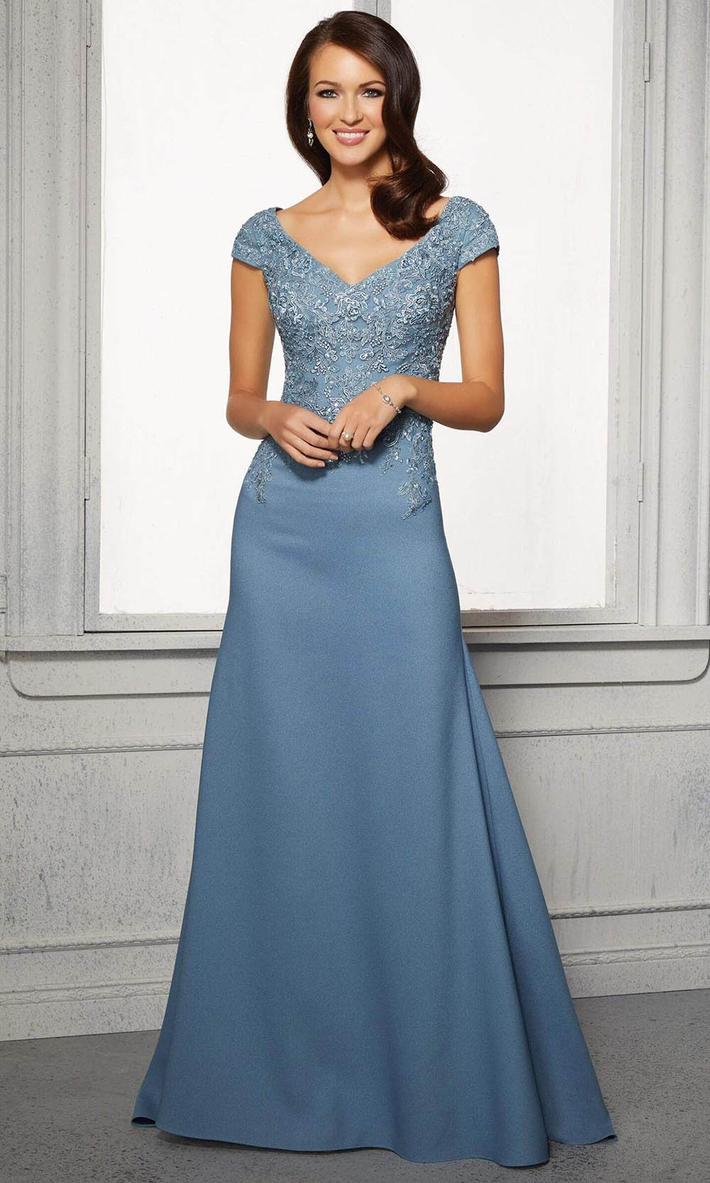 MGNY By Mori Lee - 72421 Cap Sleeves A-Line Evening Dress Mother of the Bride Dresses 00 / Slate
