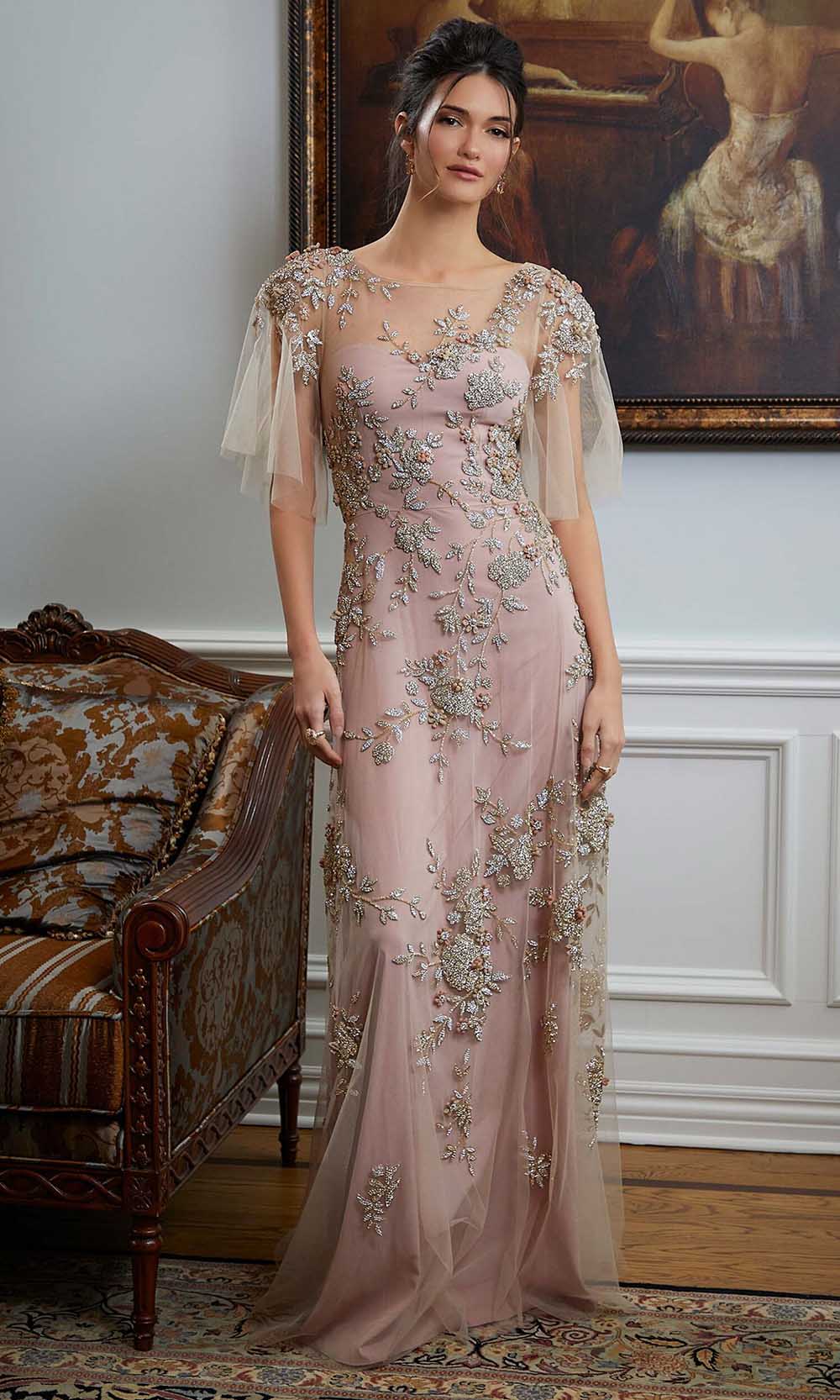 mgny formal dresses MGNY By Mori Lee 72812 - Beaded Elbow Sleeve Evening Gown 2 / Champagne Gold